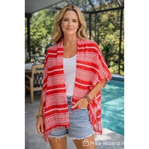 Vera Bradley Red White Striped Kimono Cardigan Boho Lightweight Shawl Wrap